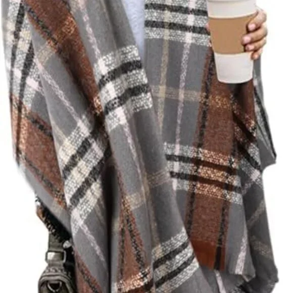 Women's Shawl Wraps Fall Clothes Open Front Boho Tessel Cardigan Plaid Knitted S - Picture 6 of 6
